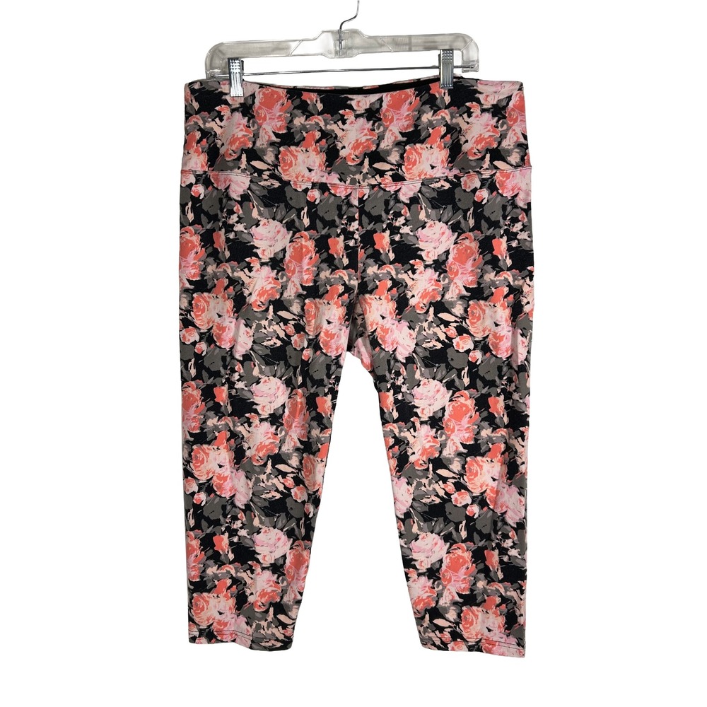 Revolutionary Tummy Control Floral Capri Leggings Womens 1X Pink Black Plus Size